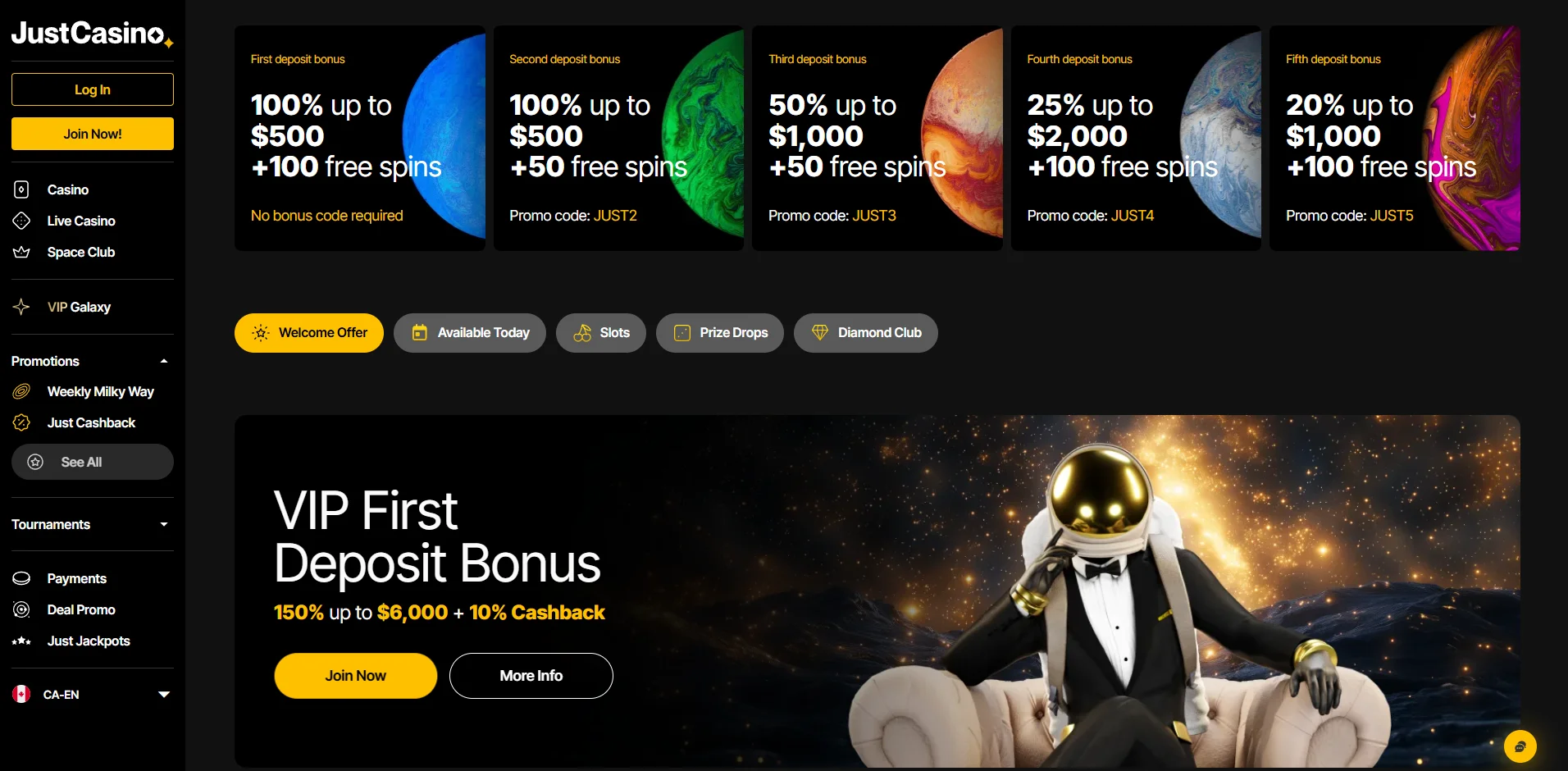Types of JustCasino Bonuses